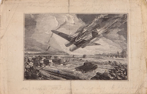 Гравюра с картины Б.Я. Ряузова "Подвиг капитана Гастелло" , 1942 г.