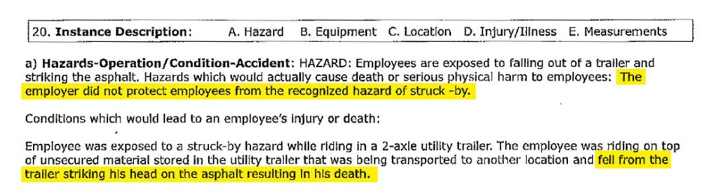Часть отчета OSHA о проверке, в ходе которой были выявлены нарушения техники безопасности, приведшие к смерти рабочего Лонни Леблана в 2014 году.